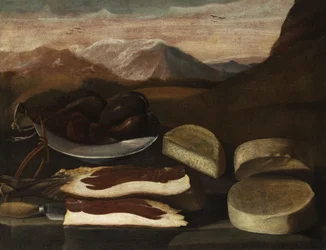Natura morta con salsiccia, prosciutto e formaggio