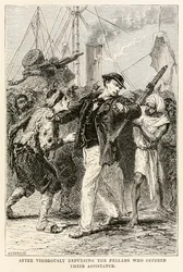 Dopo aver respinto vigorosamente i fellah che offrivano il loro aiuto, da Il giro del mondo in ottanta giorni di Jules Verne (1828-1905) inciso da Henri-Théophile Hildebrand (1824-1897), 1873