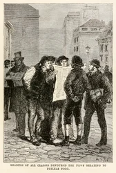 I lettori di tutte le classi divoravano le notizie relative a Phileas Fogg, da Il giro del mondo in ottanta giorni di Jules Verne (1828-1905) inciso da Louis Dumont (n.1822), 1873
