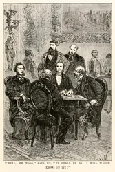 Bene, signor Fogg, disse, sarà così: scommetterò £4000 su di esso!!, da Il giro del mondo in ottanta giorni di Jules Verne (1828-1905) inciso da Louis Dumont (n.1822), 1873