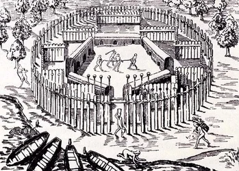 Un villaggio Guarani, da Historia Antipodum di Gottfried, pubblicato nel 1655, da Il romanzo del Rio della Plata, Vol. I, di W. H. Koebel, 1914