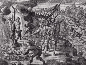 La vendetta degli spagnoli per la morte di Ayolas, da Historia Antipodum di Gottfried, pubblicato nel 1655, da Il romanzo del Rio della Plata, Vol. I, di W. H. Koebel, 1914