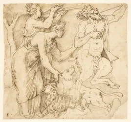 Un satiro, due donne, un leone e una capra