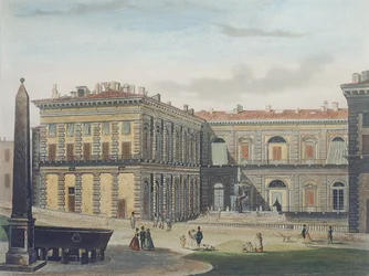 Cortile interno di Palazzo Pitti, Firenze, inciso da Johann Falkeisen e colorato da L. Cherbuin