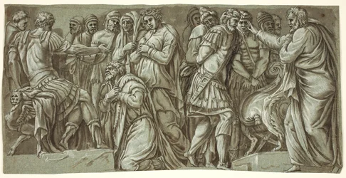 La famiglia di Dario davanti ad Alessandro e una scena con prigionieri; dalla facciata del Palazzo Milesi