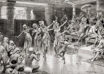 Impressione di un artista del XIX secolo di Gautamiputra Satakarani che celebra la sua vittoria su Nahapana, da Hutchinsons History of the Nations, pub.1915