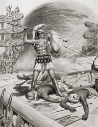 Alessandro Magno combatte gli Assacani nella città fortificata di Massaga, India durante la sua Campagna Indiana nel 326 a.C., da Hutchinsons History of the Nations, pub.1915