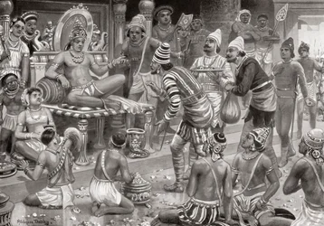 Pulakeshin II, il Chalukya, riceve emissari dalla Persia a Badami, da Hutchinson’s History of the Nations, pubblicato nel 1915, da Robert Dudley