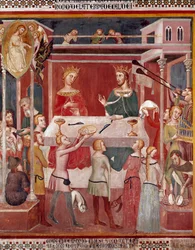 Come il Demonio chiese a Dio di mettere alla prova Giobbe nel momento della sua prosperità. Affresco di Bartolo di Fredi (o Manfredi De Battilori) (1330-1410) Collegiata di San Gimignano, Italia
