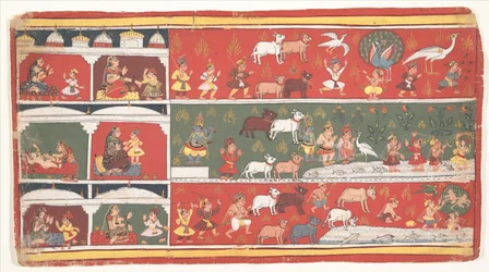 Bakasura, il demone della gru, arriva a Brindavan: Pagina da un Bhagavata Purana disperso (Antiche storie del Signore Vishnu)