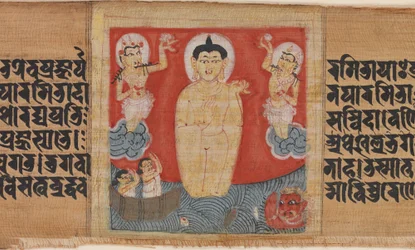 Buddha che dà sicurezza (Abhayananda) ai marinai, foglia di un Pancavimsatisahasrika Prajnapramita disperso