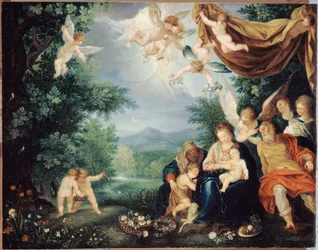 Francese: Le Repos de la Sainte Famille pendant la fuite en Égypte (La Sacra Famiglia a riposo durante la fuga in Egitto)