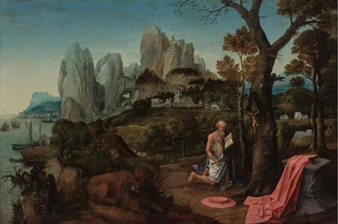 San Girolamo penitente nel deserto, mezzo nudo, inginocchiato davanti a un crocifisso e con una pietra in mano per battersi il petto;