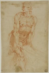 Uomo che tira il lenzuolo: Studio per la sepoltura [Sacrestia della Certosa di San Martino, Napoli, 1596].