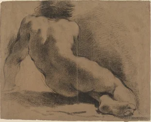 Ragazzo nudo seduto visto di schiena