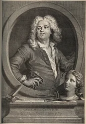 Ritratto di Guillaume Coustou (1677-1746) scultore francese - incisione di Larmessin dopo J.de Lien