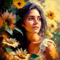 Una bella ragazza nella natura, circondata da girasoli, Pittura artistica Arte da parete | Stampe su tela