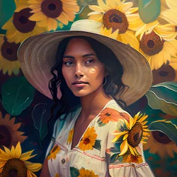 Ritratto di una bella ragazza messicana e sfondo di girasoli, astratto