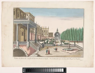 Vista di un giardino e di un palazzo reale a Napoli