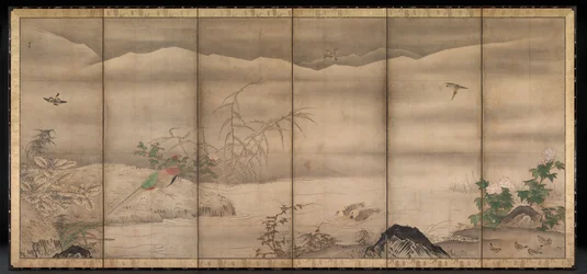 Uccelli e fiori in un paesaggio delle quattro stagioni
