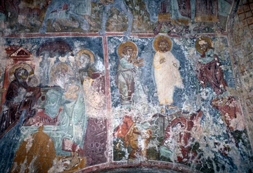 Cristo e santi, affresco nella chiesa bizantina di Sotiras Christos, Vlithias, Creta, Grecia