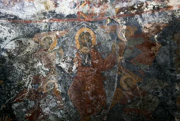 Cristo con angeli e santo, affresco nella chiesa di Panagia, Kitiros, Creta, Grecia (foto)