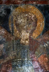 Figura di santo, affresco nella chiesa bizantina di Agios Constantinos e Agia Eleni, Voukolies, Creta, Grecia
