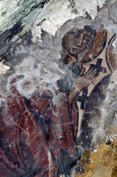 Figura di santo con croci, affresco nella chiesa bizantina di Prodromi, Creta, Grecia