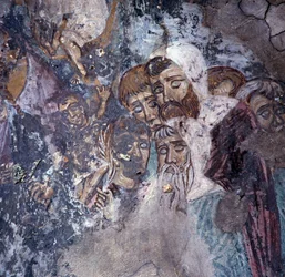 Gruppo di uomini, affresco nella chiesa di Kandanos, Creta, Grecia