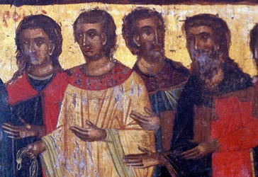 Figure maschili, pannello di legno nella chiesa bizantina di Palea Roumata, Creta, Grecia
