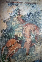 Uomo a cavallo con spada, affresco nella chiesa bizantina di Agios Athanasios, Kefali, Creta, Grecia