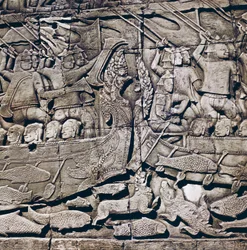 Battaglia navale tra Cham e Khmer, dettaglio di un bassorilievo del Tempio di Bayon (XIII secolo), Angkor Thom, sito archeologico di Angkor (Lista del Patrimonio Mondiale UNESCO)