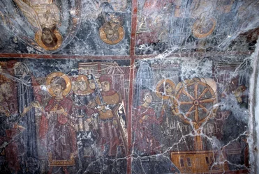 Affresco a tema religioso, di Ioannis Pagomenos, nella chiesa bizantina di San Giorgio, Anidri, Creta, Grecia