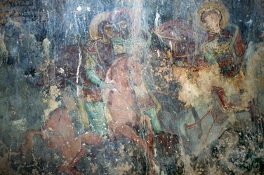 Santi a cavallo, affresco nella chiesa bizantina di Agios Athanasios, Kefali, Creta, Grecia