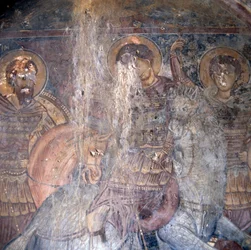 Santi a cavallo, affresco nella chiesa di Kandanos, Creta, Grecia (dettaglio)