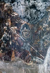 Soldato, affresco danneggiato sul soffitto della chiesa di Agios Vasileios, Vavouledo, Creta, Grecia