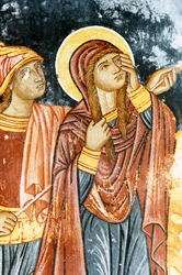 San Longino e Maria, scena della Crocifissione, affresco nel monastero di Mikro Sotiris, isola di Symi, Grecia (foto)