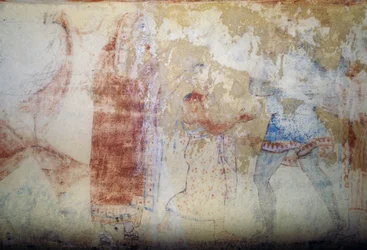 Donna e giovane, affresco, Tomba dei Demoni Blu, Necropoli di Tarquinia (Lista del Patrimonio Mondiale UNESCO, 2004), Lazio, Italia, civiltà etrusca, V secolo a.C.