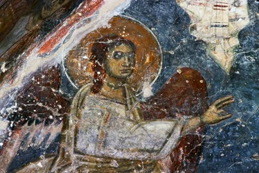 Angelo, affresco nella chiesa bizantina di Agios Georgios Sfakiotis, Diavaide, Creta, Grecia