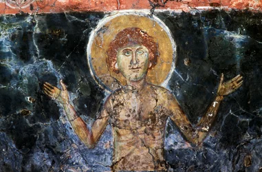 Cristo, affresco nella chiesa bizantina di Agios Georgios Sfakiotis, Diavaide, Creta, Grecia