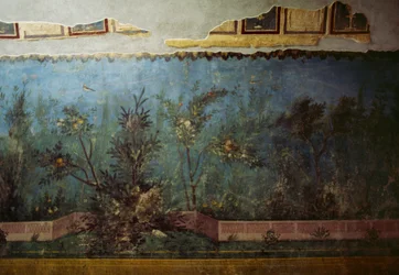 Affresco raffigurante un giardino con alberi e uccelli, dalla Casa di Livia sul Palatino, Roma, Italia. Civiltà romana