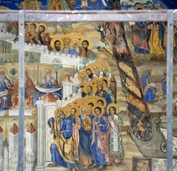 San Pietro apre le porte del Paradiso, affresco del Giudizio Universale nel Monastero di Timios Prodromos, Serres, Macedonia Centrale, Grecia