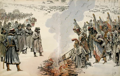 Campagna di Russia (1812): Durante la ritirata dalla Russia, Napoleone I Bonaparte ordina di bruciare bandiere e aquile per impedire al nemico di impossessarsene. In 