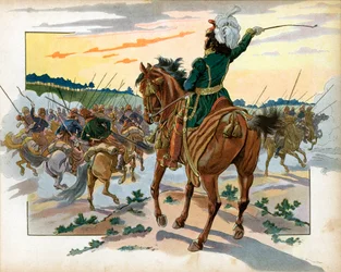 Durante la campagna di Russia, Joachim Murat avanzò da solo contro i cosacchi e li respinse con la sua sola presenza. Incisione di Jacques Marie Gaston Onfray de Breville detto Job