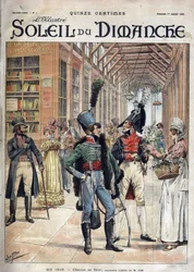 Ognuno il suo fiore. Un soldato comprò fiori da una venditrice in una galleria coperta a Parigi nel 1816. Da un acquerello di Mr. Job. Incisione in "Le sun-du-dimanche", 1 gennaio 1899