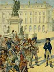 Rivoluzione francese 1789: Napoleone I Bonaparte (1769-1821) minacciato dalla folla dei sanculotti il 10 agosto 1792 vicino alla statua di Luigi XIV (1638-1715) di Desjardins prima che fosse rovesciata, Place des Victoires a Parigi. Illustrazione