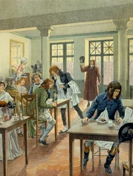 Rivoluzione francese del 1789: Napoleone I Bonaparte giovane al gargotier Justat, dalla rue des petits peres a Parigi, ridotto a un solo piatto che pagava 6 sous a porzione