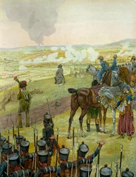 Campagna tedesca del 1813: Napoleone I Bonaparte (1769-1821) seduto su un tamburo riflette sulla sua strategia di combattimento durante la Battaglia di Bautzen il 20 e 21 maggio 1813. In 