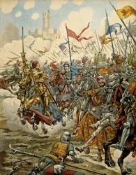 Storia della Francia nel Medioevo: re Luigi XI detto il Prudente (1423-1483) alla testa del suo esercito durante la battaglia di Montlhéry contro la Lega del Bene Pubblico, 16 luglio
