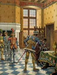 Storia della Francia nel Medioevo: incontro a Peronne tra il re Luigi XI detto il Prudente e Carlo il Temerario, ottobre 1468. Illustrazione di Jacques Marie Gaston Onfray de Breville detto JOB